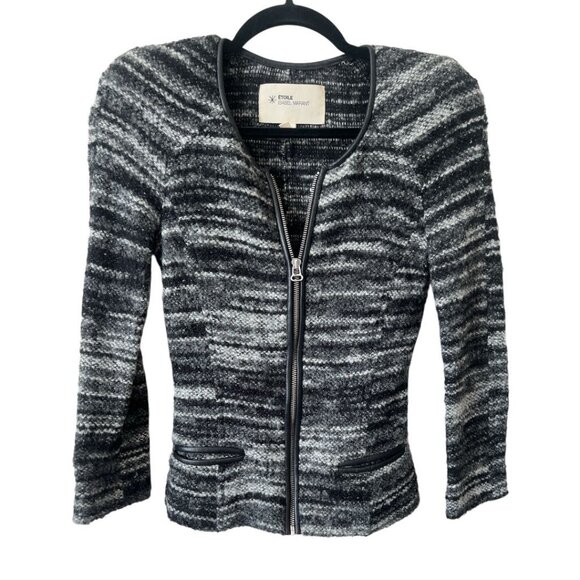 Isabel Marant Etoile Black Grey Full Zip Leather Trim Sweater Jacket Size 0/XS - Picture 1 of 13